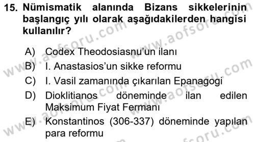 Bizans Tarihi Dersi 2017 - 2018 Yılı (Final) Dönem Sonu Sınavı 15. Soru