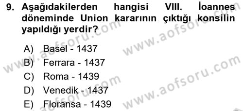 Bizans Tarihi Dersi 2023 - 2024 Yılı Yaz Okulu Sınav Soruları 9. Soru
