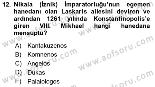 Bizans Tarihi Dersi 2024 - 2025 Yılı Yaz Okulu Sınav Soruları 12. Soru