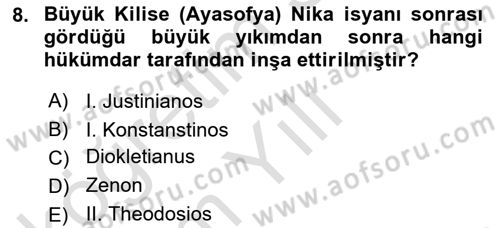 Bizans Tarihi Dersi 2024 - 2025 Yılı Yaz Okulu Sınav Soruları 8. Soru