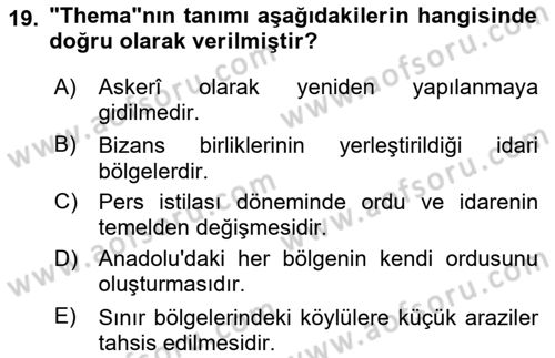 Bizans Tarihi Dersi 2025 - 2026 Yılı (Vize) Ara Sınav Soruları 19. Soru