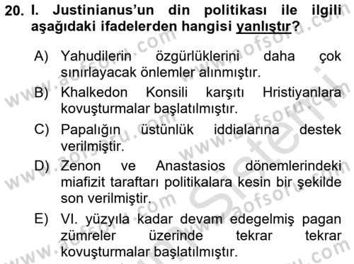 Bizans Tarihi Dersi 2025 - 2026 Yılı (Vize) Ara Sınav Soruları 20. Soru