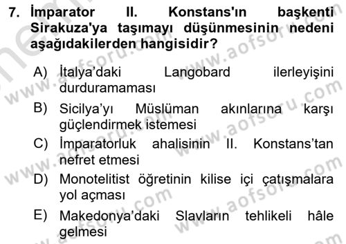 Bizans Tarihi Dersi 2025 - 2026 Yılı (Vize) Ara Sınav Soruları 7. Soru
