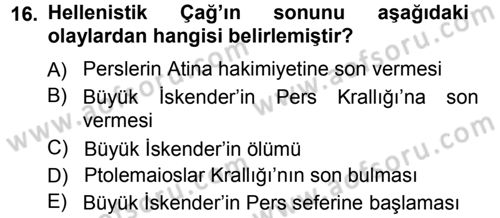 Hellen ve Roma Tarihi Dersi Ara Sınavı Deneme Sınav Soruları 16. Soru
