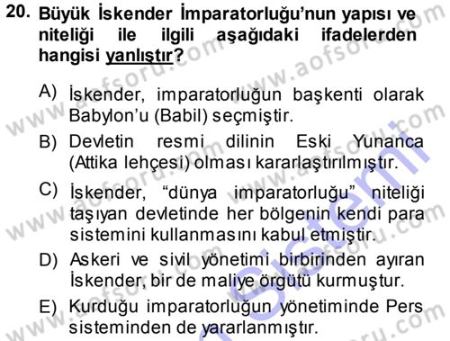 Hellen ve Roma Tarihi Dersi Ara Sınavı Deneme Sınav Soruları 20. Soru