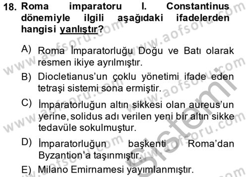 Hellen ve Roma Tarihi Dersi 2014 - 2015 Yılı (Final) Dönem Sonu Sınav Soruları 18. Soru