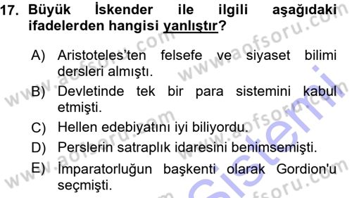 Hellen ve Roma Tarihi Dersi Ara Sınavı Deneme Sınav Soruları 17. Soru