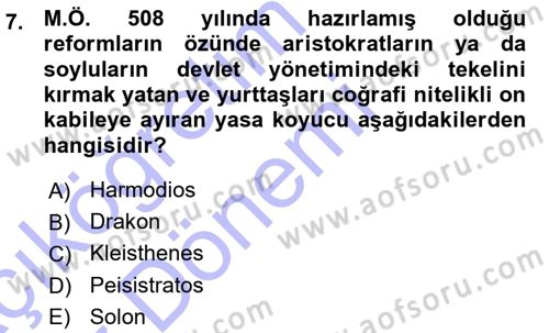 Hellen ve Roma Tarihi Dersi Ara Sınavı Deneme Sınav Soruları 7. Soru