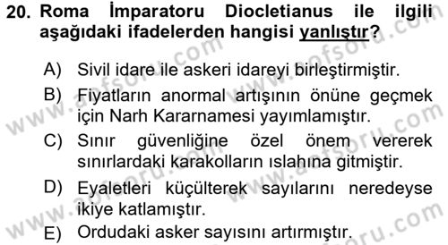 Hellen ve Roma Tarihi Dersi 2015 - 2016 Yılı (Final) Dönem Sonu Sınav Soruları 20. Soru