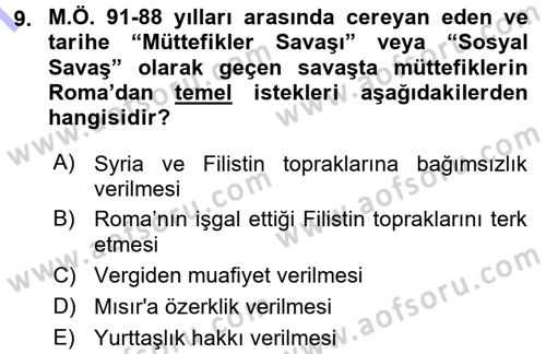 Hellen ve Roma Tarihi Dersi 2015 - 2016 Yılı (Final) Dönem Sonu Sınav Soruları 9. Soru