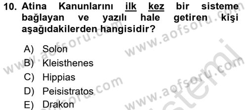 Hellen ve Roma Tarihi Dersi 2016 - 2017 Yılı (Vize) Ara Sınav Soruları 10. Soru