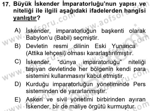 Hellen ve Roma Tarihi Dersi Ara Sınavı Deneme Sınav Soruları 17. Soru