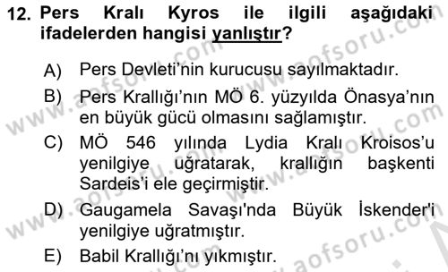 Hellen ve Roma Tarihi Dersi 2017 - 2018 Yılı (Vize) Ara Sınav Soruları 12. Soru