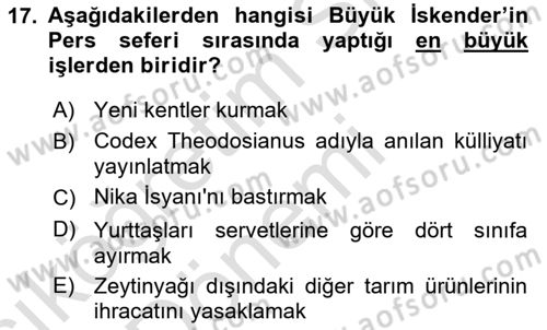 Hellen ve Roma Tarihi Dersi Ara Sınavı Deneme Sınav Soruları 17. Soru