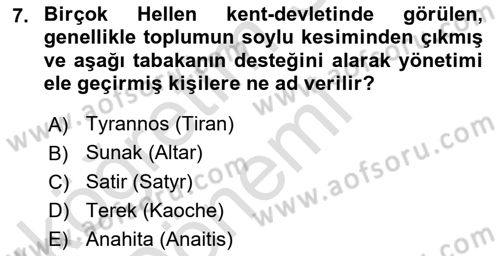 Hellen ve Roma Tarihi Dersi 2017 - 2018 Yılı (Vize) Ara Sınav Soruları 7. Soru