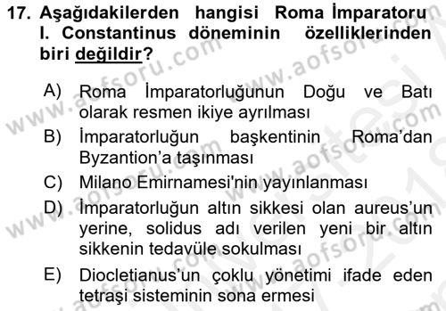 Hellen ve Roma Tarihi Dersi 2017 - 2018 Yılı (Final) Dönem Sonu Sınavı 17. Soru