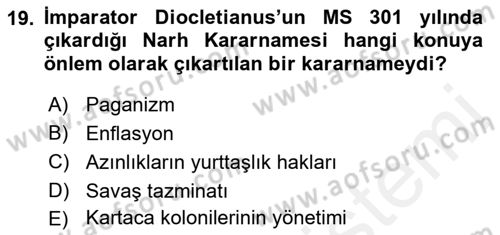 Hellen ve Roma Tarihi Dersi 2017 - 2018 Yılı (Final) Dönem Sonu Sınavı 19. Soru