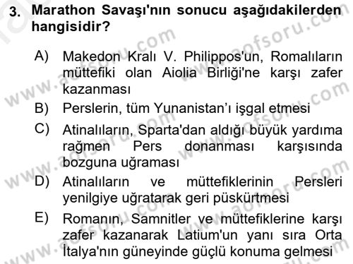 Hellen ve Roma Tarihi Dersi 2017 - 2018 Yılı (Final) Dönem Sonu Sınav Soruları 3. Soru