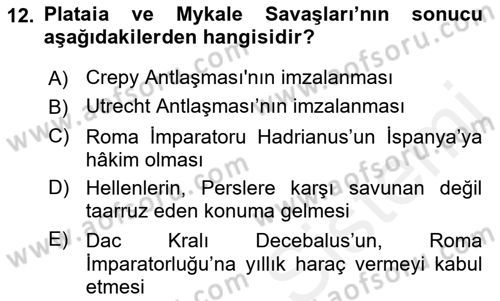 Hellen ve Roma Tarihi Dersi Ara Sınavı Deneme Sınav Soruları 12. Soru