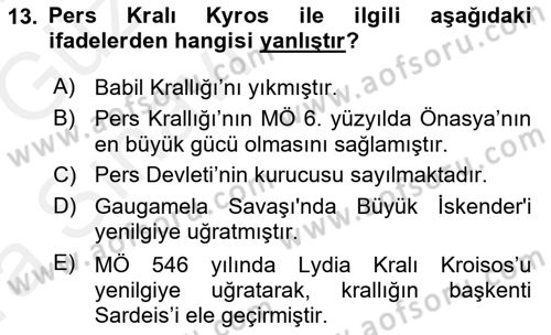 Hellen ve Roma Tarihi Dersi Ara Sınavı Deneme Sınav Soruları 13. Soru