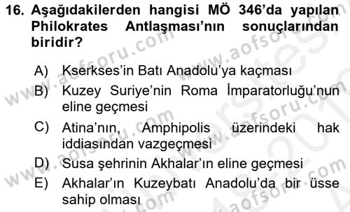 Hellen ve Roma Tarihi Dersi Ara Sınavı Deneme Sınav Soruları 16. Soru