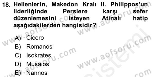 Hellen ve Roma Tarihi Dersi Ara Sınavı Deneme Sınav Soruları 18. Soru