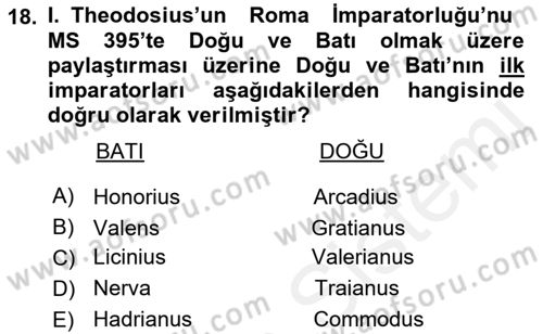 Hellen ve Roma Tarihi Dersi 2018 - 2019 Yılı (Final) Dönem Sonu Sınav Soruları 18. Soru