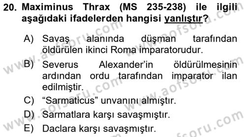 Hellen ve Roma Tarihi Dersi 2018 - 2019 Yılı (Final) Dönem Sonu Sınav Soruları 20. Soru