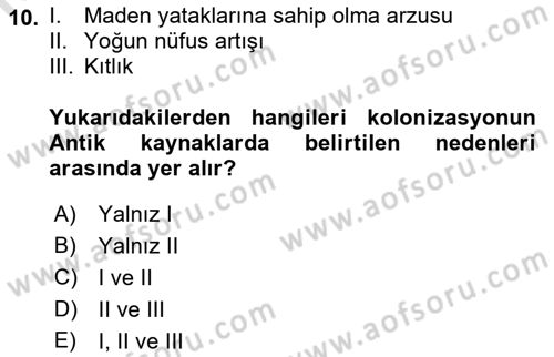 Hellen ve Roma Tarihi Dersi Ara Sınavı Deneme Sınav Soruları 10. Soru