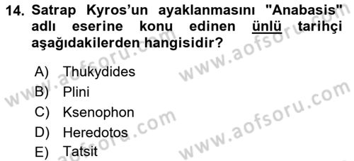 Hellen ve Roma Tarihi Dersi 2019 - 2020 Yılı (Vize) Ara Sınavı 14. Soru