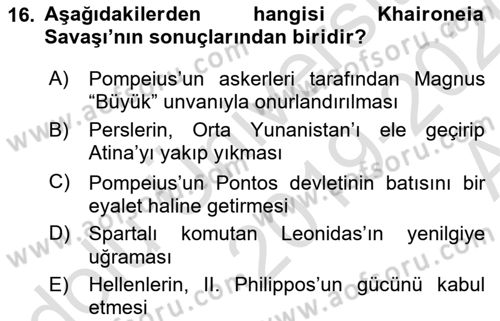 Hellen ve Roma Tarihi Dersi 2019 - 2020 Yılı (Vize) Ara Sınav Soruları 16. Soru