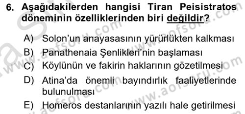 Hellen ve Roma Tarihi Dersi Ara Sınavı Deneme Sınav Soruları 6. Soru
