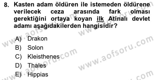 Hellen ve Roma Tarihi Dersi 2019 - 2020 Yılı (Vize) Ara Sınav Soruları 8. Soru