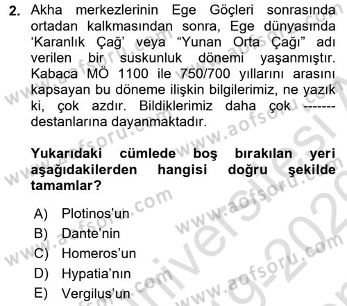 Hellen ve Roma Tarihi Dersi 2019 - 2020 Yılı (Final) Dönem Sonu Sınav Soruları 2. Soru