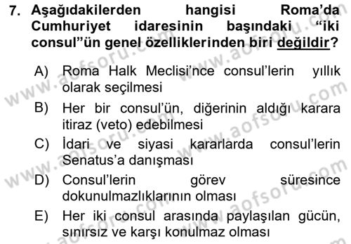 Hellen ve Roma Tarihi Dersi 2019 - 2020 Yılı (Final) Dönem Sonu Sınav Soruları 7. Soru