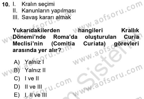 Hellen ve Roma Tarihi Dersi 2020 - 2021 Yılı Yaz Okulu Sınav Soruları 10. Soru