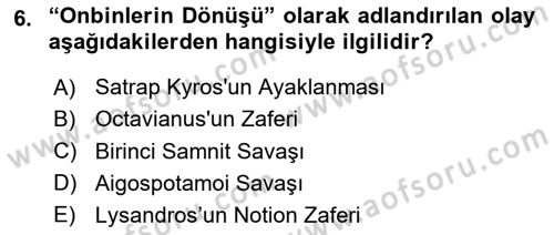 Hellen ve Roma Tarihi Dersi 2020 - 2021 Yılı Yaz Okulu Sınav Soruları 6. Soru