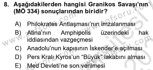Hellen ve Roma Tarihi Dersi 2020 - 2021 Yılı Yaz Okulu Sınav Soruları 8. Soru