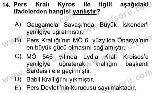 Hellen ve Roma Tarihi Dersi Ara Sınavı Deneme Sınav Soruları 14. Soru