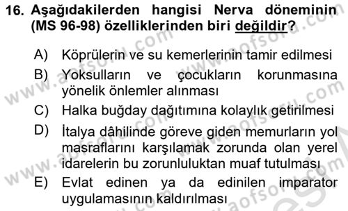 Hellen ve Roma Tarihi Dersi 2021 - 2022 Yılı Yaz Okulu Sınav Soruları 16. Soru