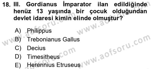 Hellen ve Roma Tarihi Dersi 2021 - 2022 Yılı Yaz Okulu Sınav Soruları 18. Soru