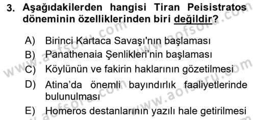 Hellen ve Roma Tarihi Dersi 2021 - 2022 Yılı Yaz Okulu Sınav Soruları 3. Soru