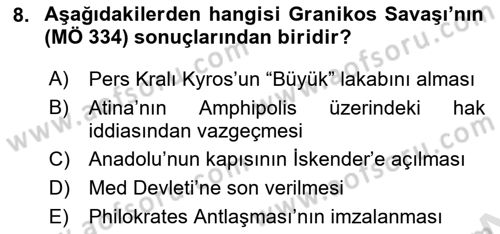 Hellen ve Roma Tarihi Dersi 2021 - 2022 Yılı Yaz Okulu Sınav Soruları 8. Soru