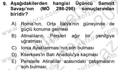 Hellen ve Roma Tarihi Dersi 2021 - 2022 Yılı Yaz Okulu Sınavı 9. Soru