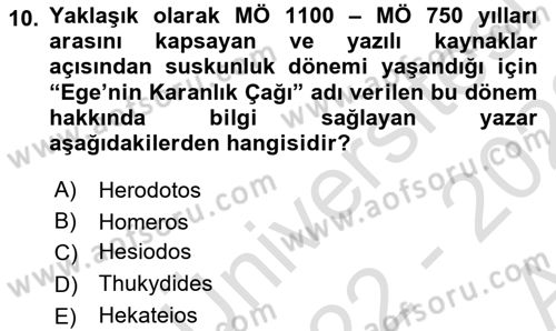 Hellen ve Roma Tarihi Dersi 2022 - 2023 Yılı (Vize) Ara Sınav Soruları 10. Soru
