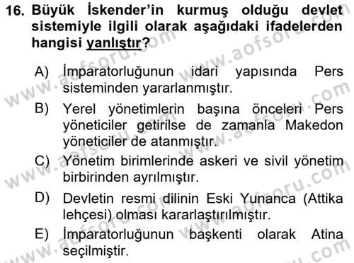 Hellen ve Roma Tarihi Dersi Ara Sınavı Deneme Sınav Soruları 16. Soru