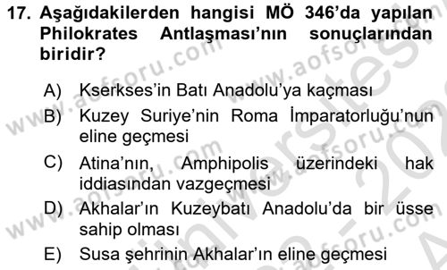 Hellen ve Roma Tarihi Dersi Ara Sınavı Deneme Sınav Soruları 17. Soru
