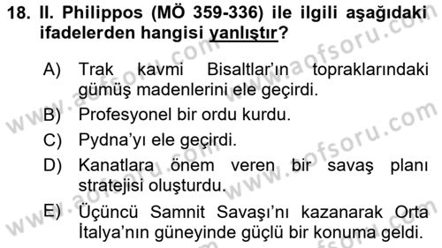 Hellen ve Roma Tarihi Dersi 2022 - 2023 Yılı (Vize) Ara Sınav Soruları 18. Soru