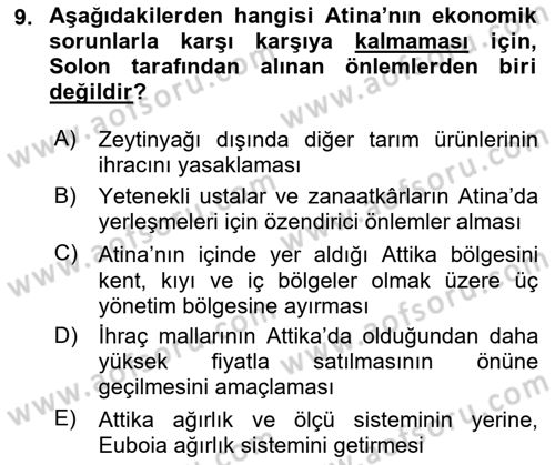 Hellen ve Roma Tarihi Dersi 2022 - 2023 Yılı (Vize) Ara Sınav Soruları 9. Soru
