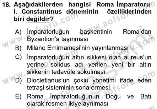 Hellen ve Roma Tarihi Dersi 2022 - 2023 Yılı (Final) Dönem Sonu Sınavı 18. Soru